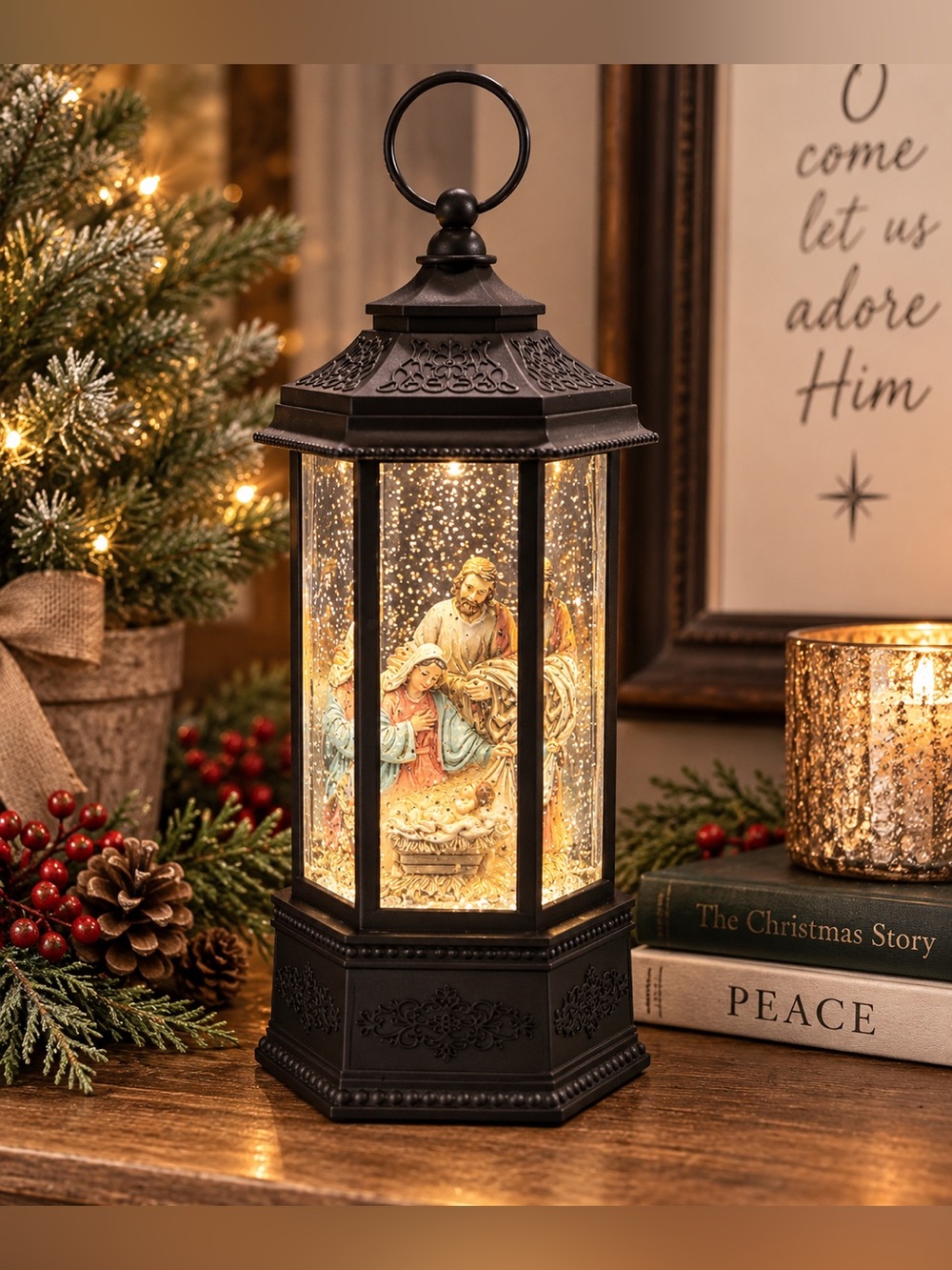 Christmas Nativity Lighted Lantern Water Glitter Snow Globe Decor